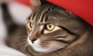 Смугастий Кіт з білими вусами лежить на ліжку під червоною ковдрою