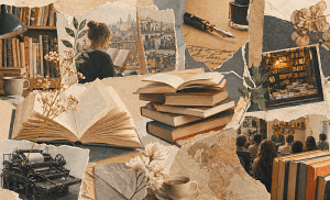 Collage of books and reading scenes